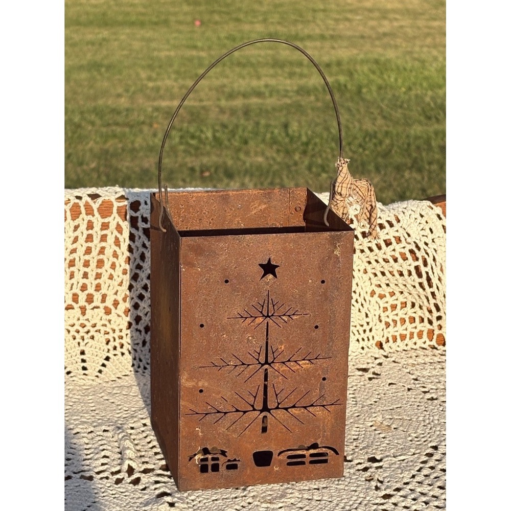 Metal Rust Patina Candle Luminara Christmas Tree Country Farmhouse Decor
